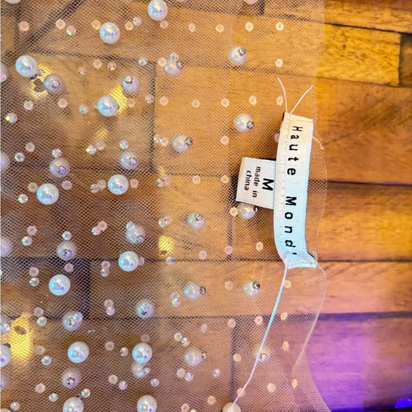 Haute Monde Mesh Rhinestone Faux Pearl Top - Nude - Picture 12 of 12